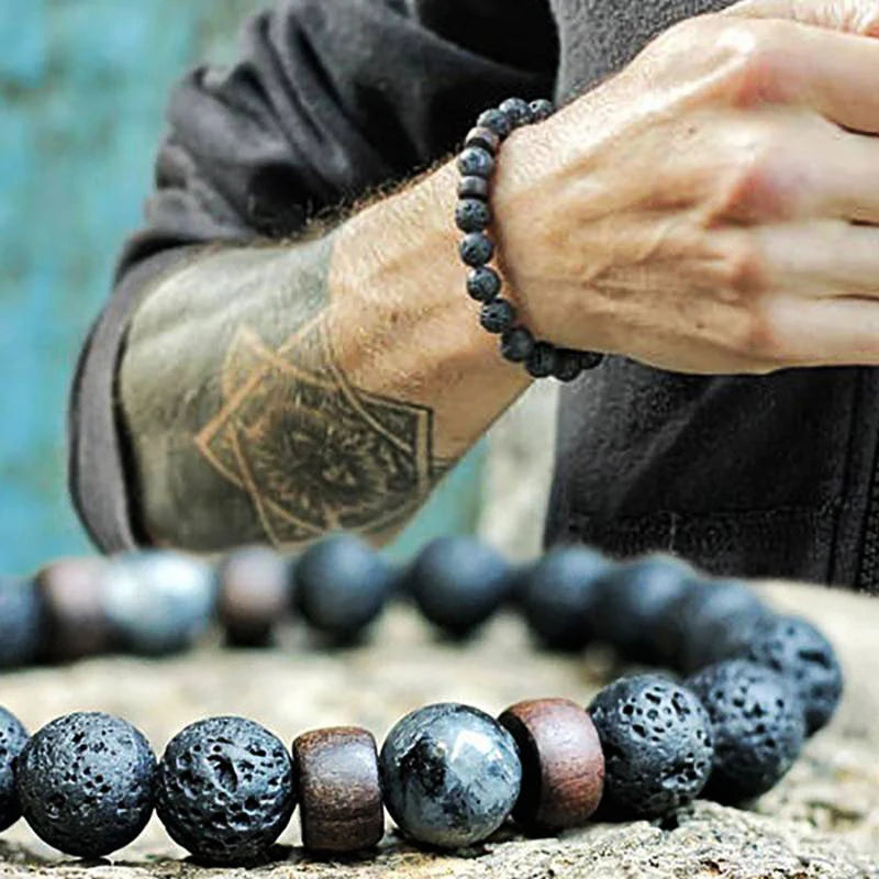 Volcanic Stone Bracelet for Men Lava Wooden